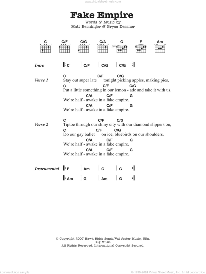 Fake Empire sheet music for guitar (chords) by The National, Bryce Dessner and Matt Berninger, intermediate skill level