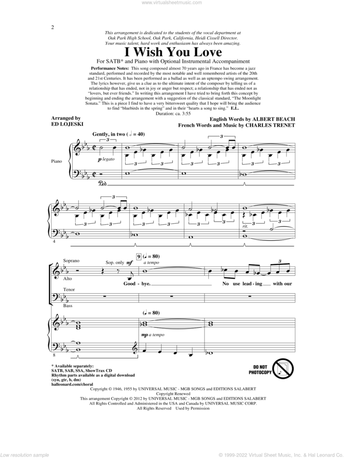 I Wish You Love (arr. Ed Lojeski) sheet music for choir (SATB: soprano, alto, tenor, bass) by Charles Trenet, Albert Beach, Gloria Lynne and Ed Lojeski, intermediate skill level