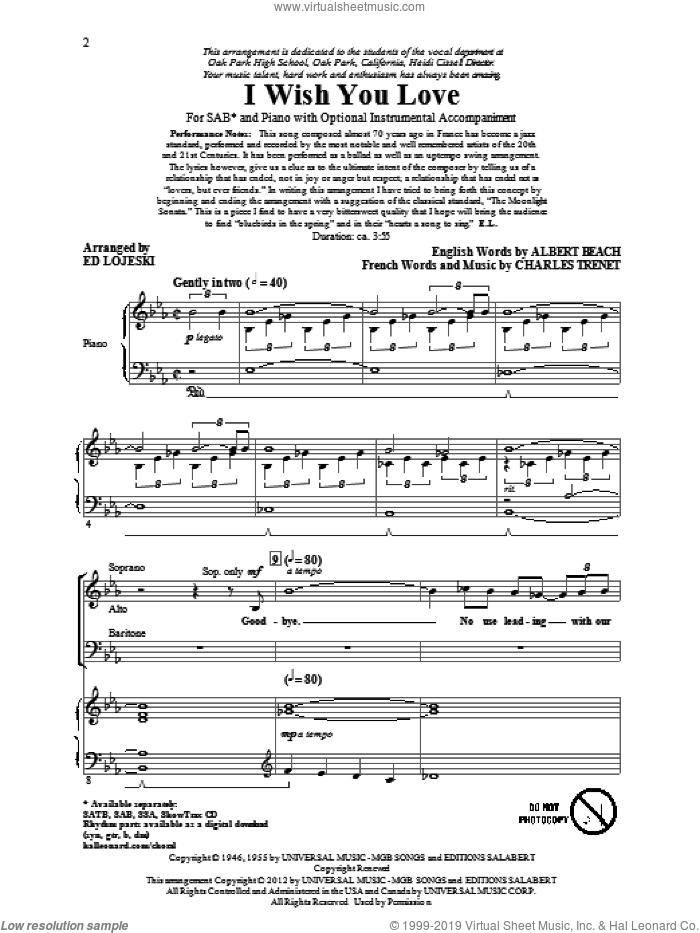 I Wish You Love (arr. Ed Lojeski) sheet music for choir (SAB: soprano, alto, bass) by Charles Trenet, Albert Beach, Gloria Lynne and Ed Lojeski, intermediate skill level