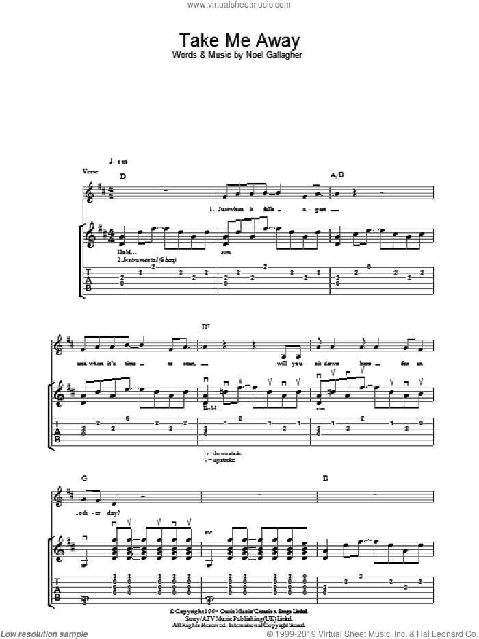 Take Me Away sheet music for guitar (tablature) by Oasis and Noel Gallagher, intermediate skill level
