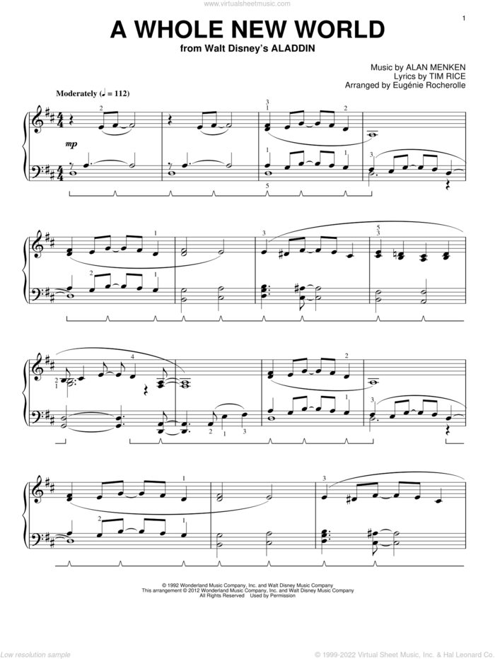 A Whole New World (from Aladdin) (arr. Eugenie Rocherolle) sheet music for piano solo by Alan Menken, Eugenie Rocherolle, Alan Menken & Tim Rice and Tim Rice, wedding score, intermediate skill level
