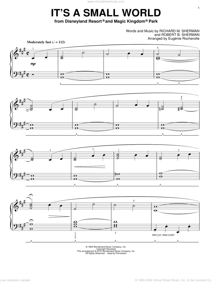 It's A Small World (arr. Eugenie Rocherolle) sheet music for piano solo by Sherman Brothers, Eugenie Rocherolle, Richard M. Sherman and Robert B. Sherman, intermediate skill level