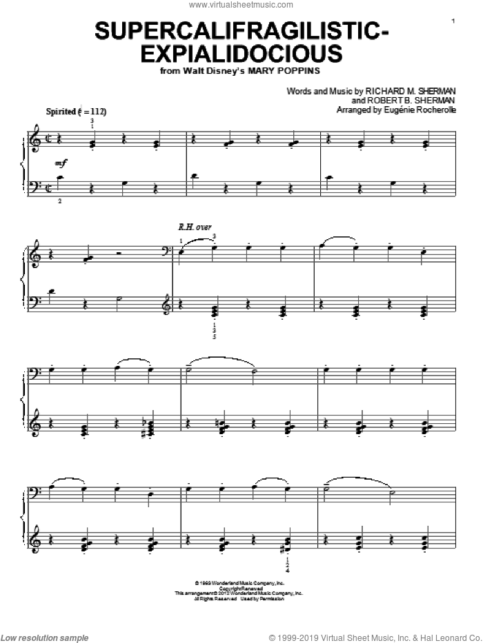 Supercalifragilisticexpialidocious (from Mary Poppins) (arr. Eugenie Rocherolle) sheet music for piano solo by Richard M. Sherman, Eugenie Rocherolle, Julie Andrews, Mary Poppins (Movie), Sherman Brothers and Robert B. Sherman, intermediate skill level