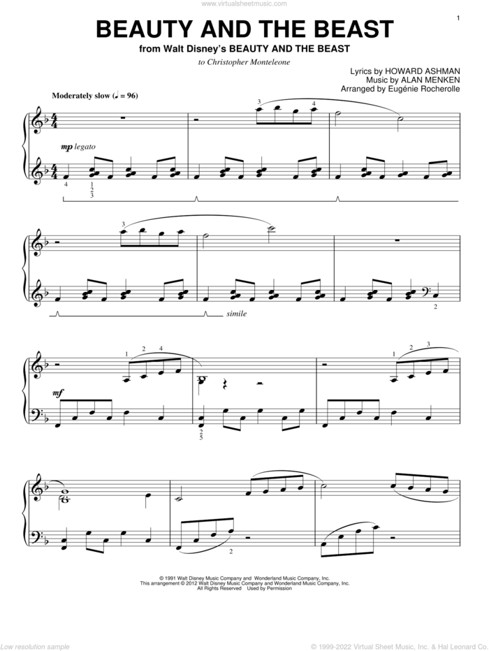 Beauty And The Beast (arr. Eugenie Rocherolle) sheet music for piano solo by Alan Menken, Eugenie Rocherolle, Alan Menken & Howard Ashman and Howard Ashman, intermediate skill level