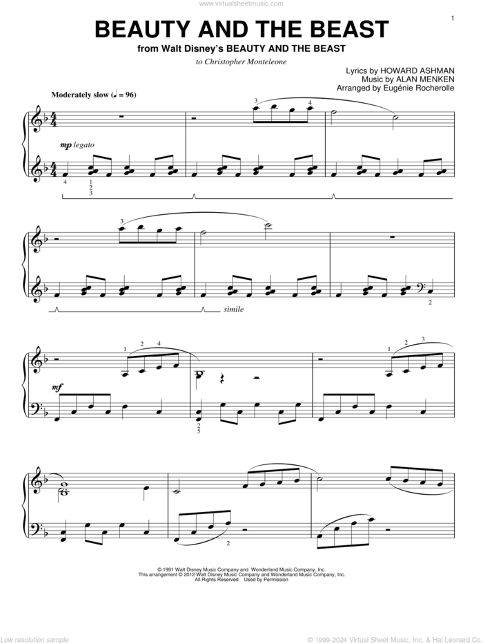 Beauty And The Beast (arr. Eugenie Rocherolle) sheet music for piano solo by Alan Menken, Eugenie Rocherolle, Alan Menken & Howard Ashman and Howard Ashman, wedding score, intermediate skill level