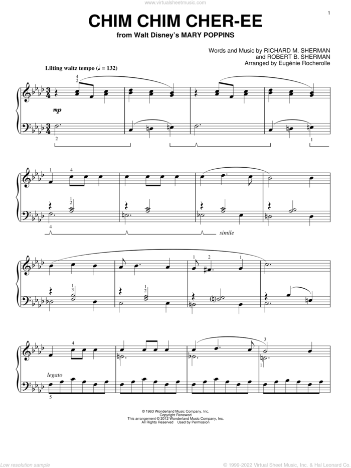 Chim Chim Cher-ee (from Mary Poppins) (arr. Eugenie Rocherolle) sheet music for piano solo by Richard M. Sherman, Eugenie Rocherolle, Dick Van Dyke, Mary Poppins (Movie), Sherman Brothers and Robert B. Sherman, intermediate skill level
