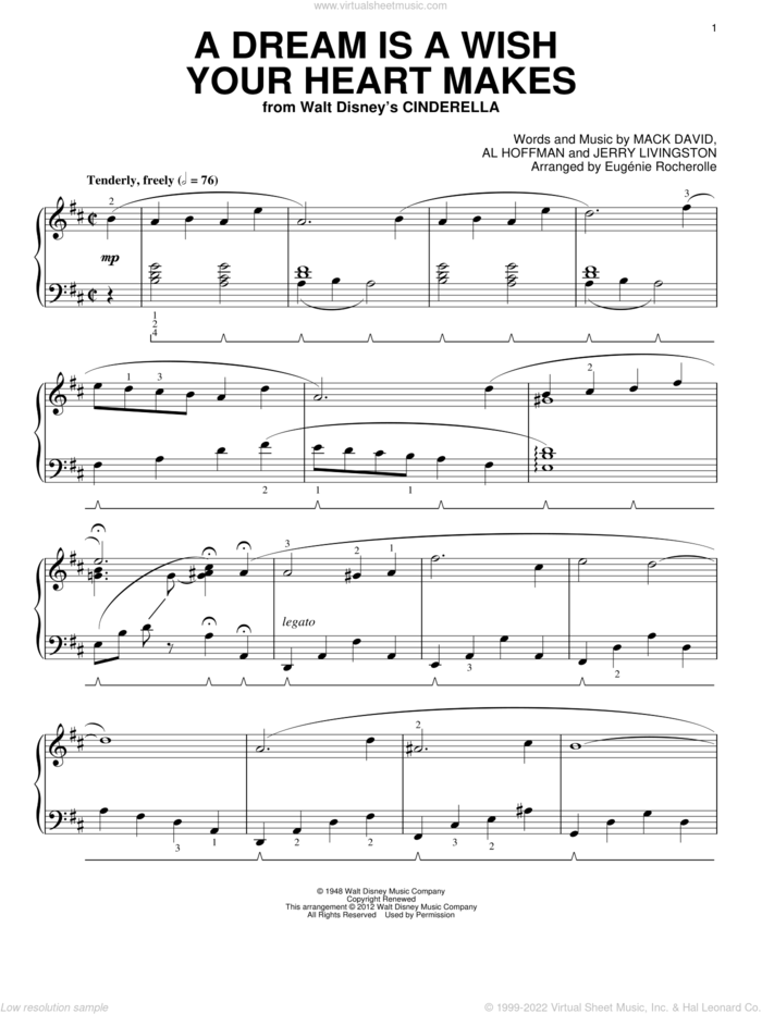 A Dream Is A Wish Your Heart Makes (from Cinderella) sheet music for piano solo by Al Hoffman, Eugenie Rocherolle, Ilene Woods, Linda Ronstadt, Jerry Livingston and Mack David, wedding score, intermediate skill level