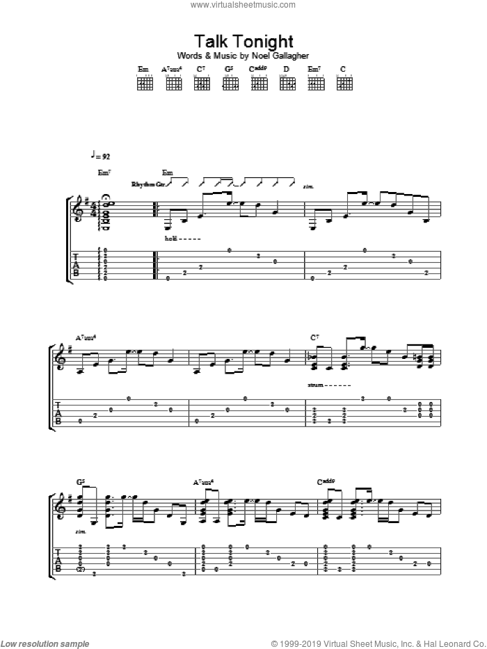 Talk Tonight sheet music for guitar (tablature) by Oasis and Noel Gallagher, intermediate skill level