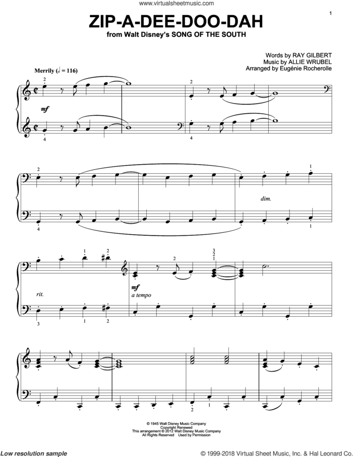 Zip-A-Dee-Doo-Dah (from Song Of The South) (arr. Eugenie Rocherolle) sheet music for piano solo by Ray Gilbert, Eugenie Rocherolle, James Baskett and Allie Wrubel, intermediate skill level