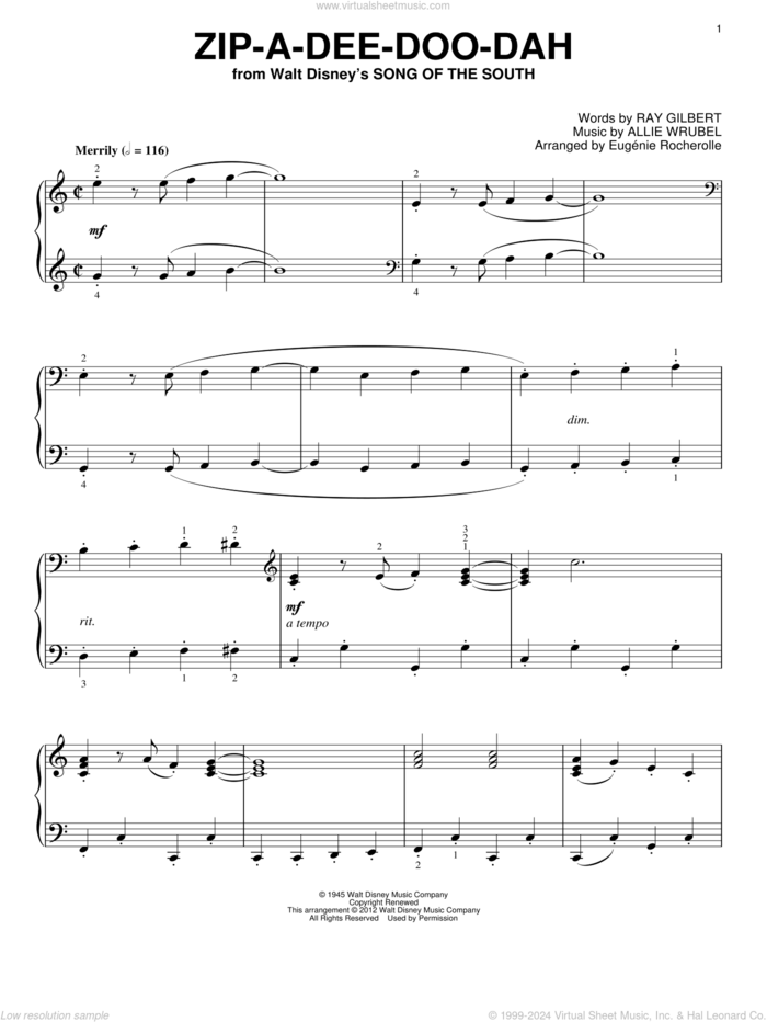 Zip-A-Dee-Doo-Dah (from Song Of The South) (arr. Eugenie Rocherolle) sheet music for piano solo by Ray Gilbert, Eugenie Rocherolle, James Baskett and Allie Wrubel, intermediate skill level