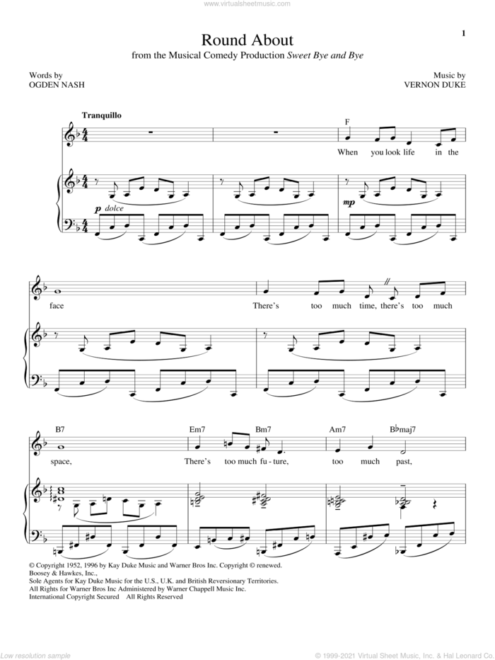 Roundabout sheet music for voice and piano by Vernon Duke, Scott Dunn and Ogden Nash, intermediate skill level
