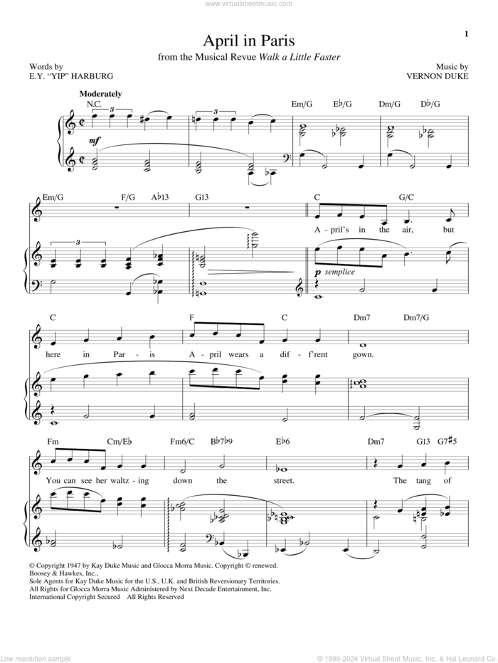 April In Paris sheet music for voice and piano by Count Basie, Coleman Hawkins, E.Y. Harburg and Vernon Duke, intermediate skill level