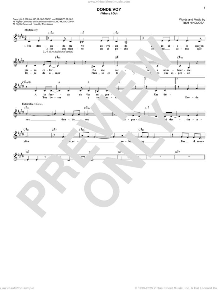 Donde Voy (Where I Go) sheet music for voice and other instruments (fake book) by Tish Hinojosa, intermediate skill level