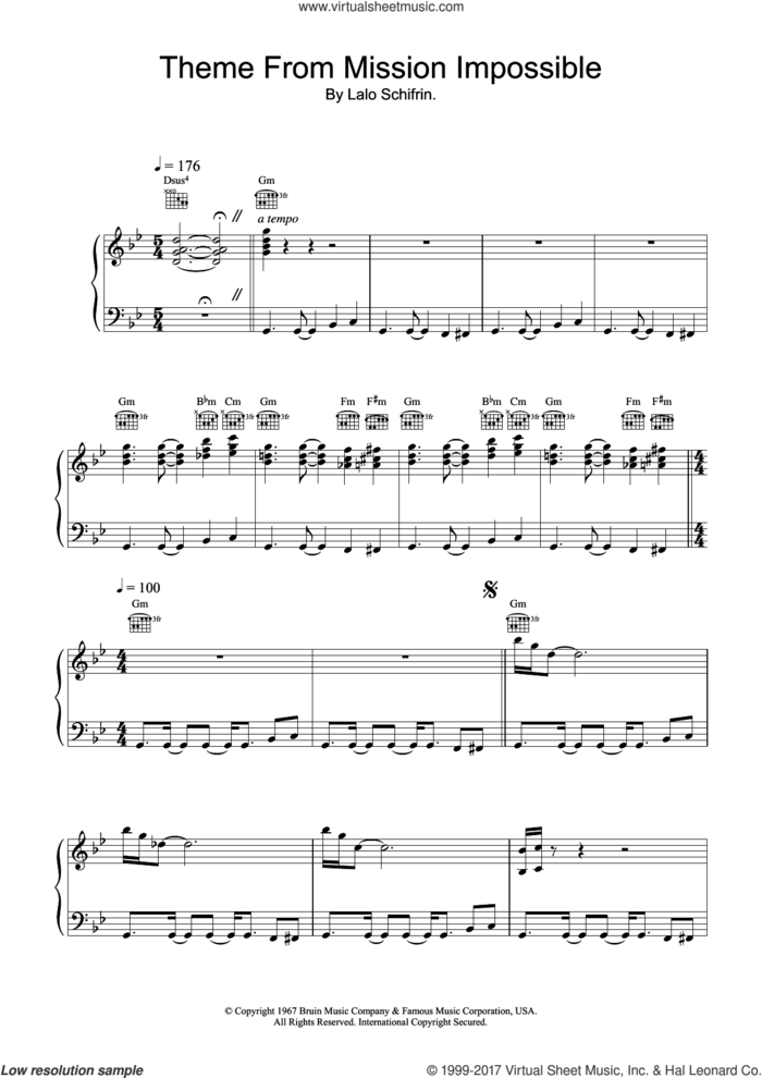 Mission: Impossible Theme sheet music for voice, piano or guitar by Lalo Schifrin, intermediate skill level