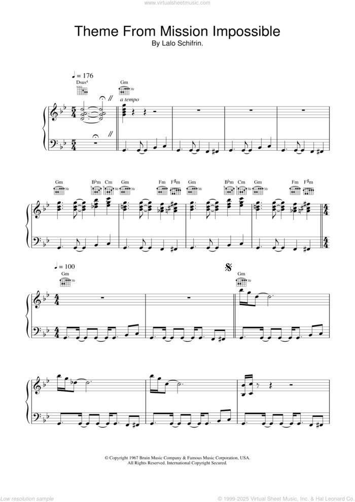 Mission: Impossible Theme sheet music for voice, piano or guitar by Lalo Schifrin, intermediate skill level