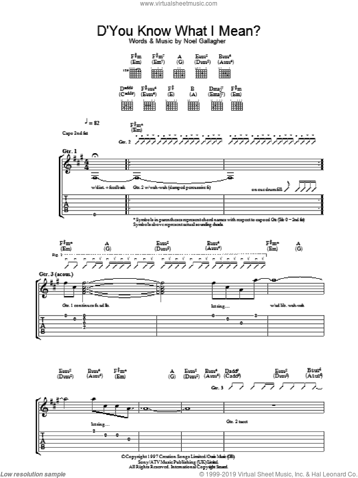 D'You Know What I Mean? sheet music for guitar (tablature) by Oasis and Noel Gallagher, intermediate skill level