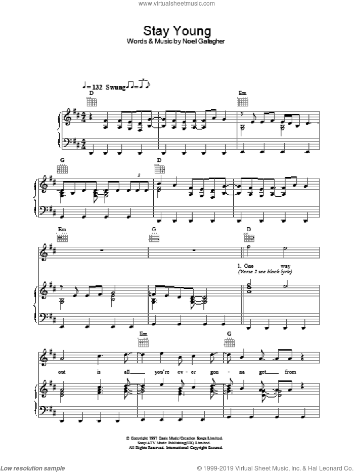 Stay Young sheet music for voice, piano or guitar by Oasis and Noel Gallagher, intermediate skill level