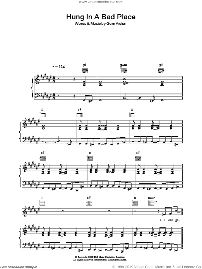Hung In A Bad Place sheet music for voice, piano or guitar by Oasis and Gem Archer, intermediate skill level