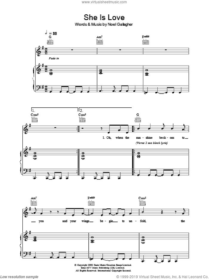 She Is Love sheet music for voice, piano or guitar by Oasis and Noel Gallagher, intermediate skill level