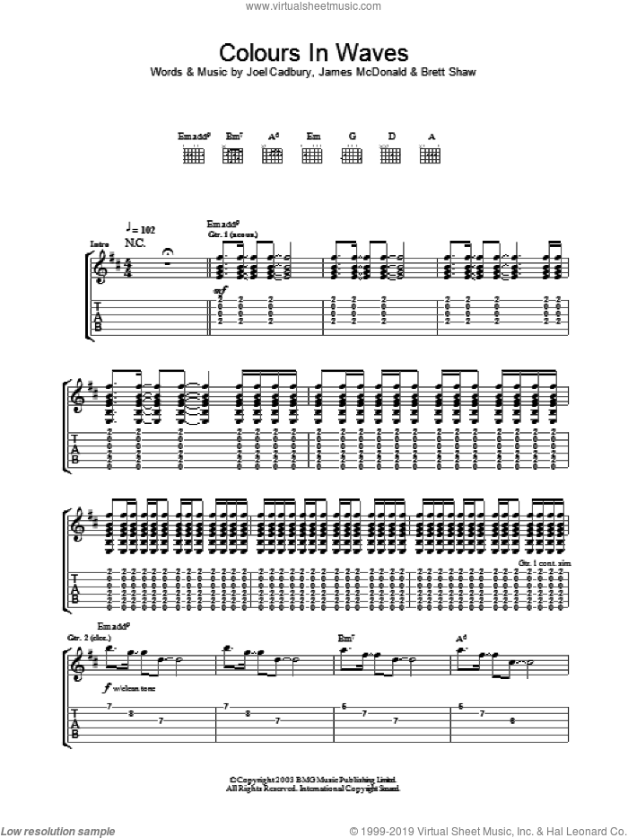 Colours In Waves sheet music for guitar (tablature) by South, Brett Shaw, James McDonald and Joel Cadbury, intermediate skill level