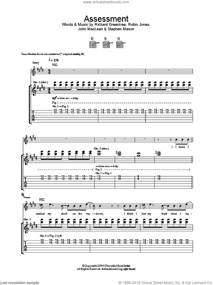 Assessment sheet music for guitar (tablature) by The Beta Band, John MacLean, Richard Greentree, Robin Jones and Stephen Mason, intermediate skill level