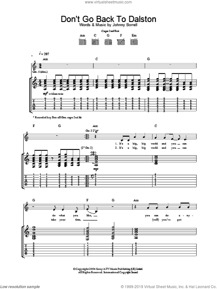 Don't Go Back To Dalston sheet music for guitar (tablature) by Razorlight and Johnny Borrell, intermediate skill level