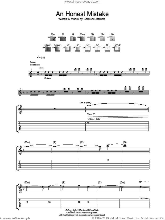 An Honest Mistake sheet music for guitar (tablature) by The Bravery and Samuel Endicott, intermediate skill level