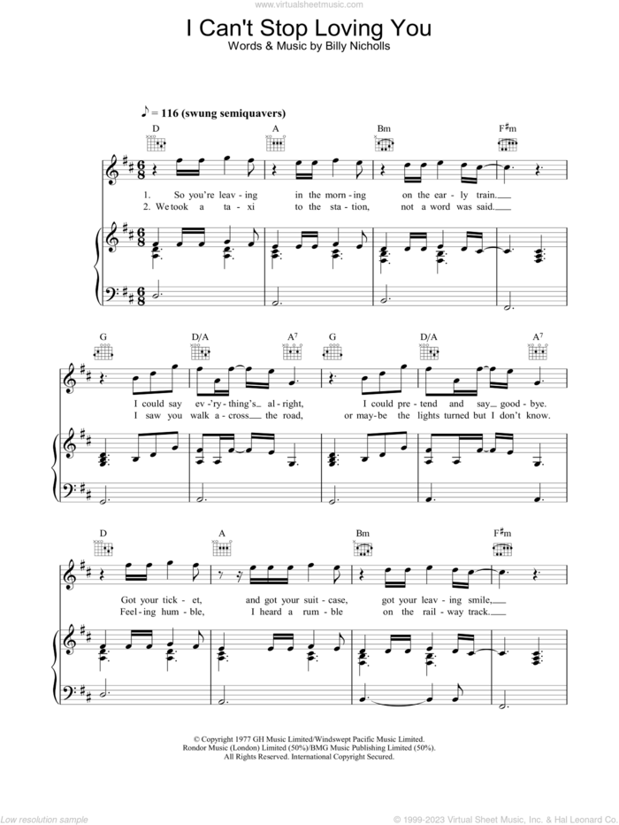 I Can't Stop Loving You sheet music for voice, piano or guitar by Leo Sayer and Billy Nicholls, intermediate skill level