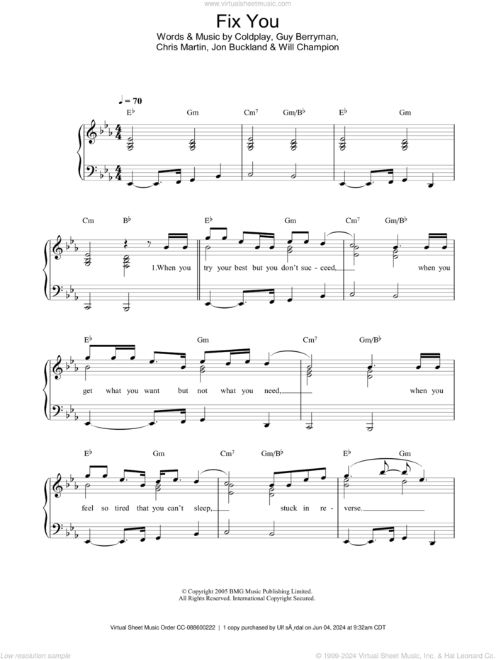 Fix You, (easy) sheet music for piano solo by Coldplay, Chris Martin, Guy Berryman, Jon Buckland and Will Champion, easy skill level