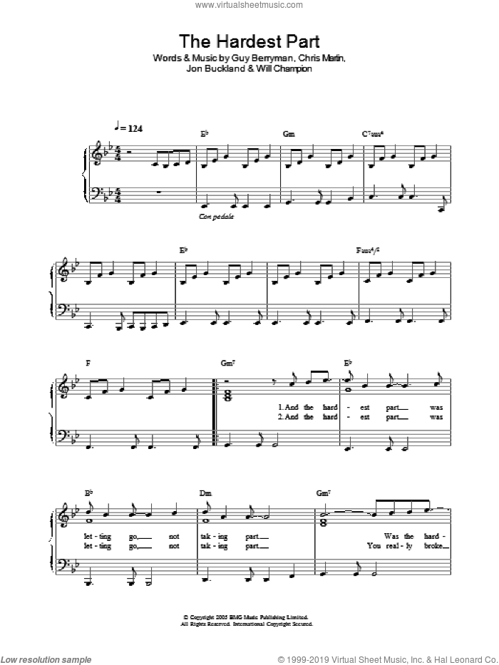 The Hardest Part, (easy) sheet music for piano solo by Coldplay, Chris Martin, Guy Berryman, Jon Buckland and Will Champion, easy skill level