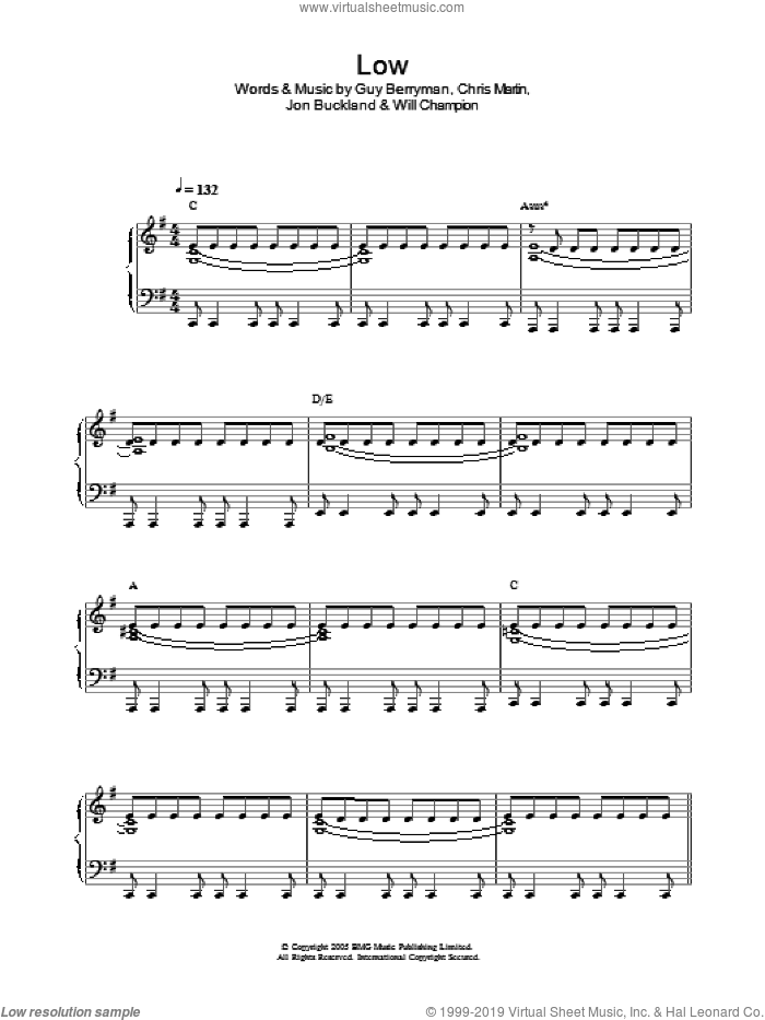 Low, (easy) sheet music for piano solo by Coldplay, Chris Martin, Guy Berryman, Jon Buckland and Will Champion, easy skill level