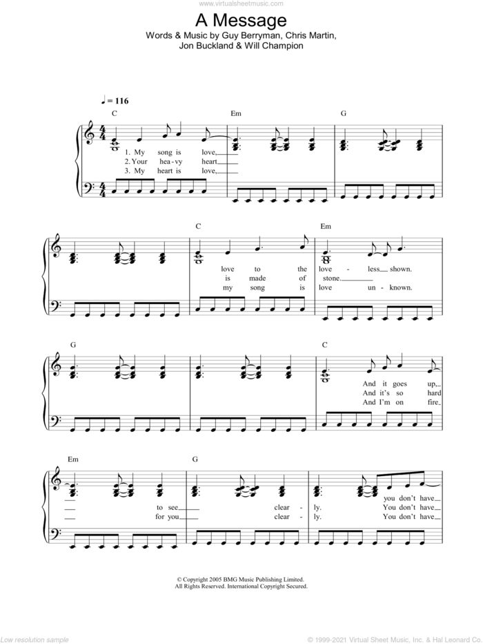A Message sheet music for piano solo by Coldplay, Chris Martin, Guy Berryman, Jon Buckland and Will Champion, easy skill level