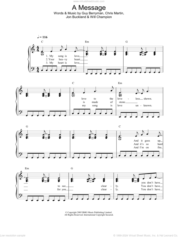 A Message sheet music for piano solo by Coldplay, Chris Martin, Guy Berryman, Jon Buckland and Will Champion, easy skill level