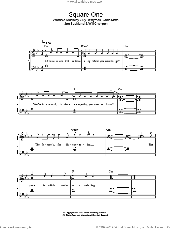 Square One, (easy) sheet music for piano solo by Coldplay, Chris Martin, Guy Berryman, Jon Buckland and Will Champion, easy skill level