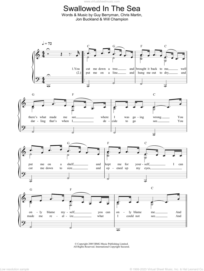 Swallowed In The Sea, (easy) sheet music for piano solo by Coldplay, Chris Martin, Guy Berryman, Jon Buckland and Will Champion, easy skill level