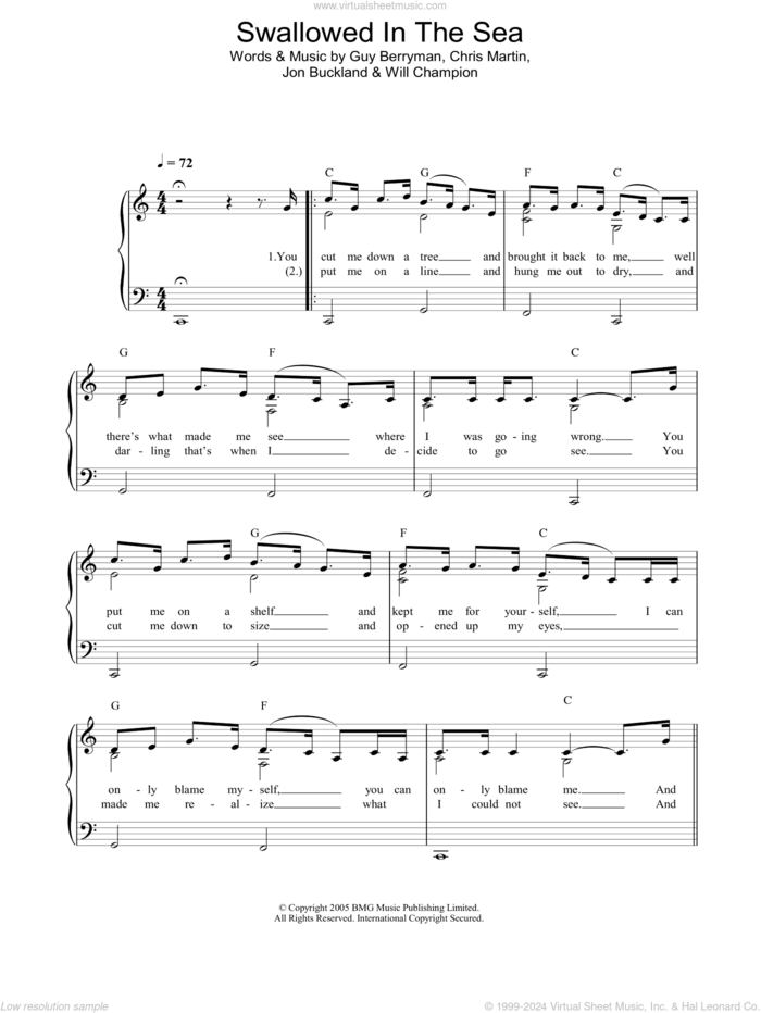 Swallowed In The Sea sheet music for piano solo by Coldplay, Chris Martin, Guy Berryman, Jon Buckland and Will Champion, easy skill level