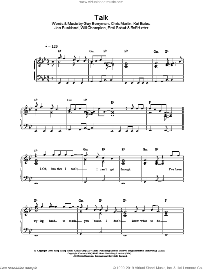 Talk, (easy) sheet music for piano solo by Coldplay, Chris Martin, Emil Schult, Guy Berryman, Jon Buckland, Karl Bartos, Ralf Hutter, Ralf Hi��tter, Ralf Huetter and Will Champion, easy skill level