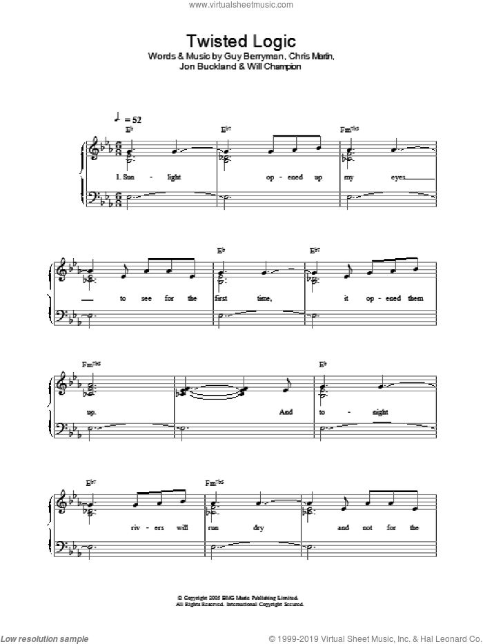 Twisted Logic, (easy) sheet music for piano solo by Coldplay, Chris Martin, Guy Berryman, Jon Buckland and Will Champion, easy skill level