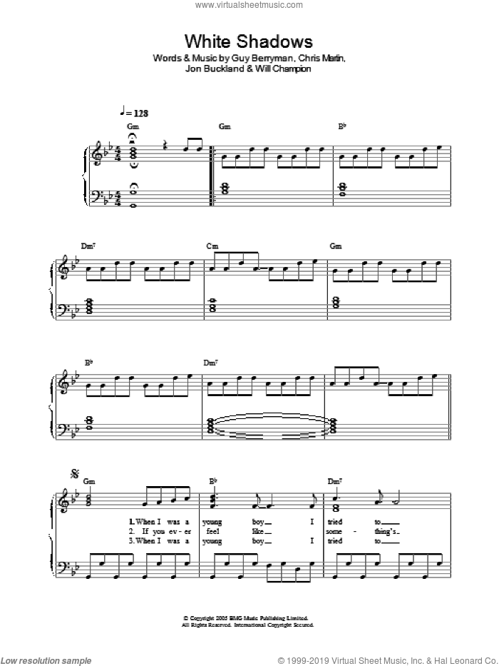 White Shadows, (easy) sheet music for piano solo by Coldplay, Chris Martin, Guy Berryman, Jon Buckland and Will Champion, easy skill level
