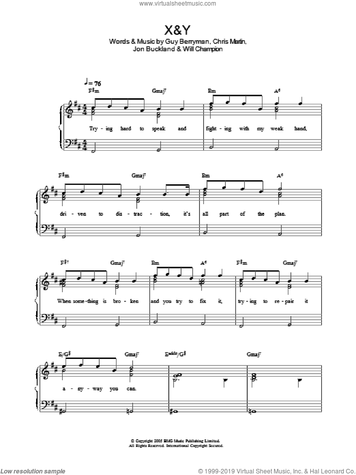 X&Y, (easy) sheet music for piano solo by Coldplay, Chris Martin, Guy Berryman, Jon Buckland and Will Champion, easy skill level