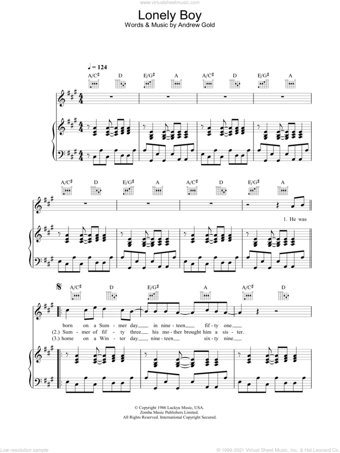 Lonely Boy sheet music for voice, piano or guitar by Andrew Gold, intermediate skill level