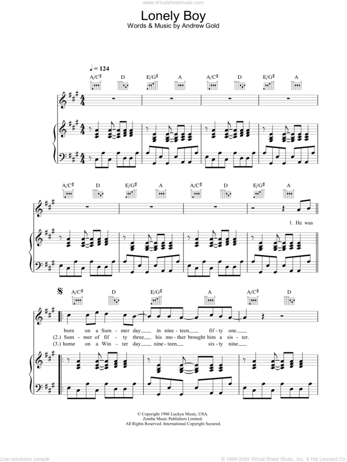 Lonely Boy sheet music for voice, piano or guitar by Andrew Gold, intermediate skill level