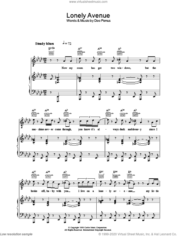 Lonely Avenue sheet music for voice, piano or guitar by Ray Charles, Doc Pomus and Jerome Pomus, intermediate skill level