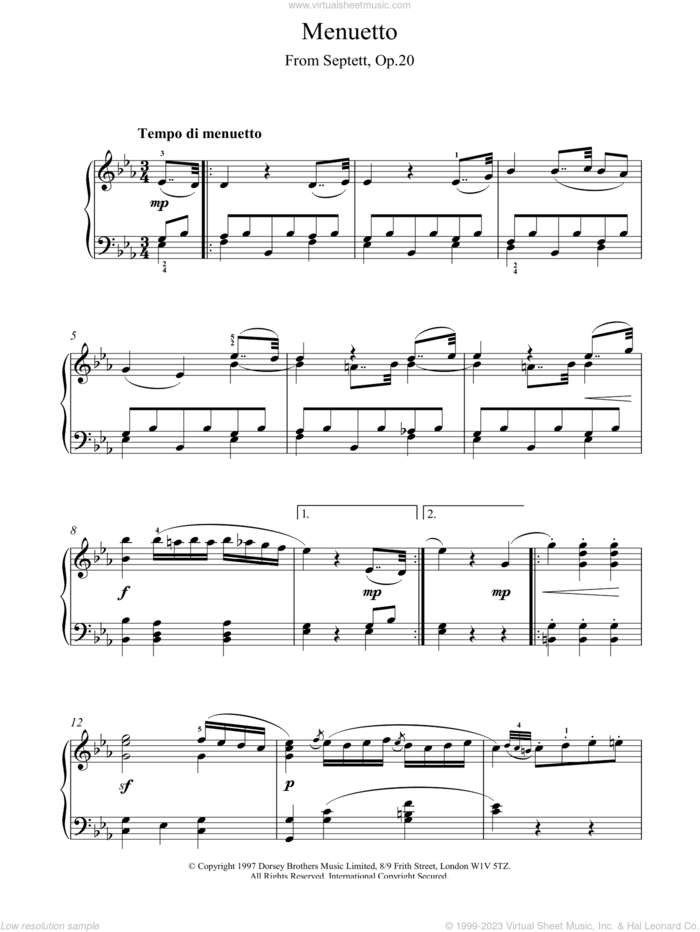 Menuett From Septet Op.20 sheet music for piano solo by Ludwig van Beethoven, classical score, intermediate skill level