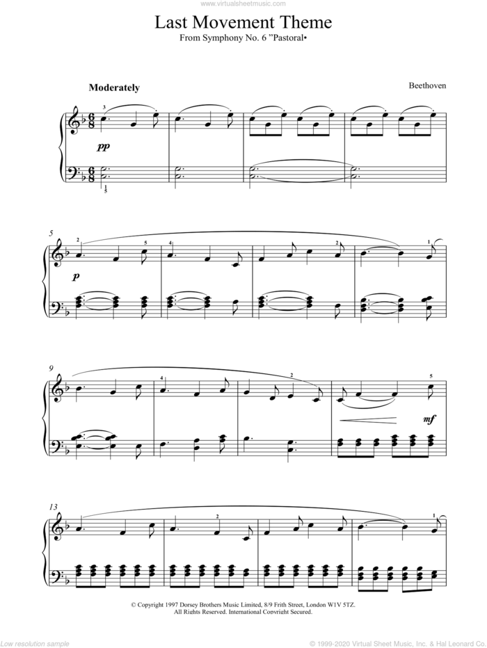 Last Movement Theme From Symphony No.6 Pastoral sheet music for piano solo by Ludwig van Beethoven, classical score, intermediate skill level