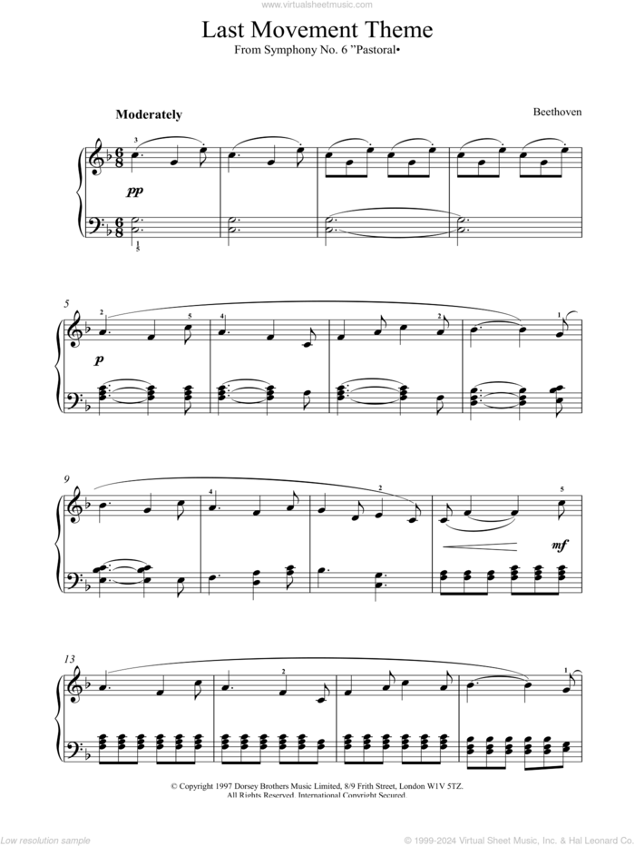 Last Movement Theme From Symphony No.6 Pastoral sheet music for piano solo by Ludwig van Beethoven, classical score, intermediate skill level