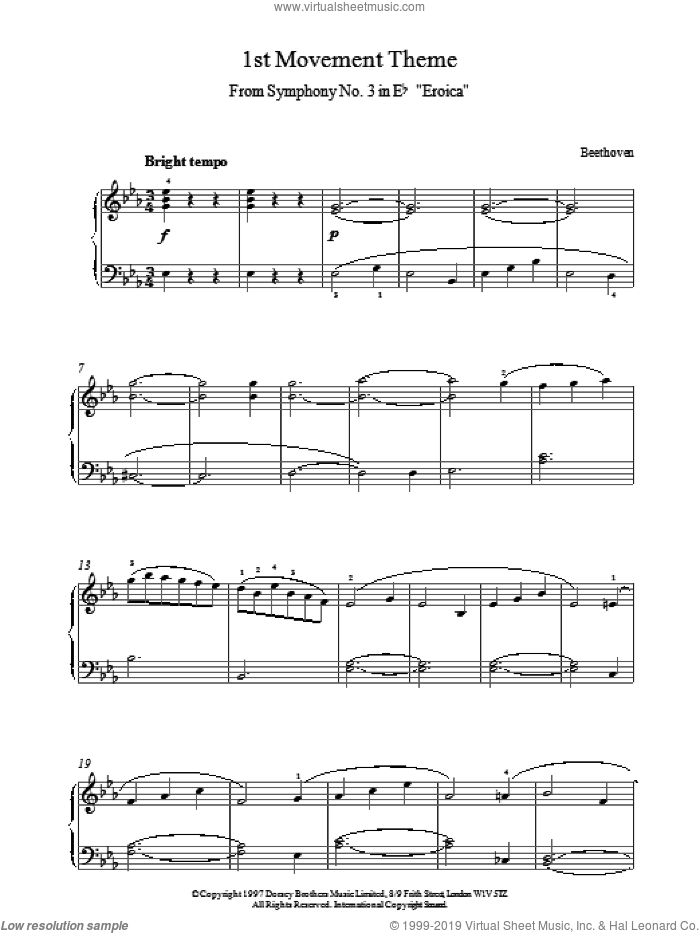 1st Movement Theme From Eroica sheet music for piano solo by Ludwig van Beethoven, classical score, intermediate skill level