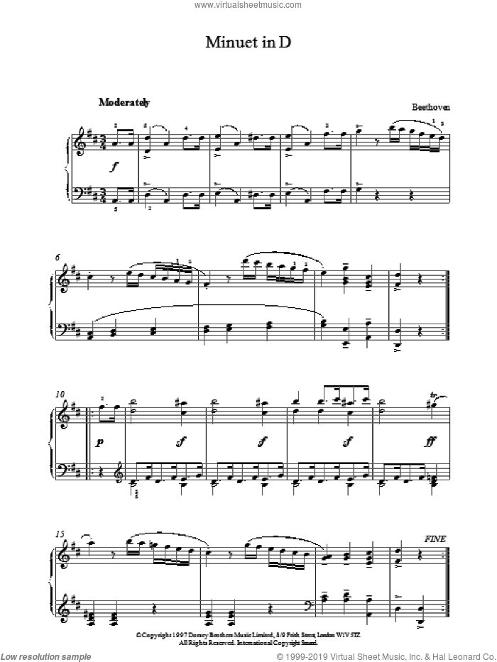 Minuet In D sheet music for piano solo by Ludwig van Beethoven, classical score, intermediate skill level