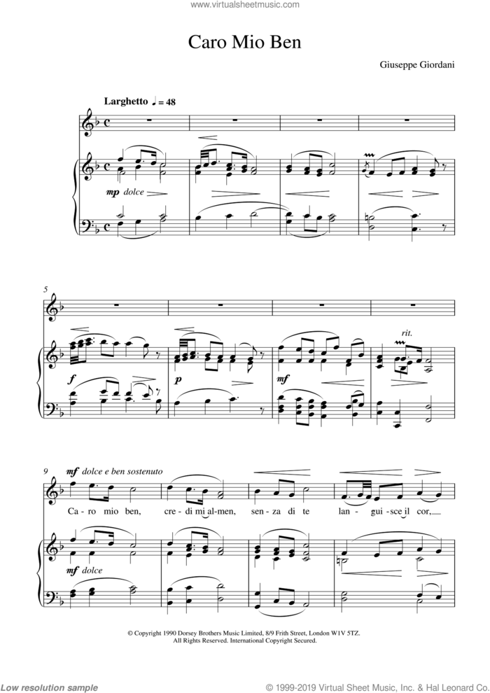 Caro Mio Ben sheet music for voice and piano by Giuseppe Giordani, classical score, intermediate skill level