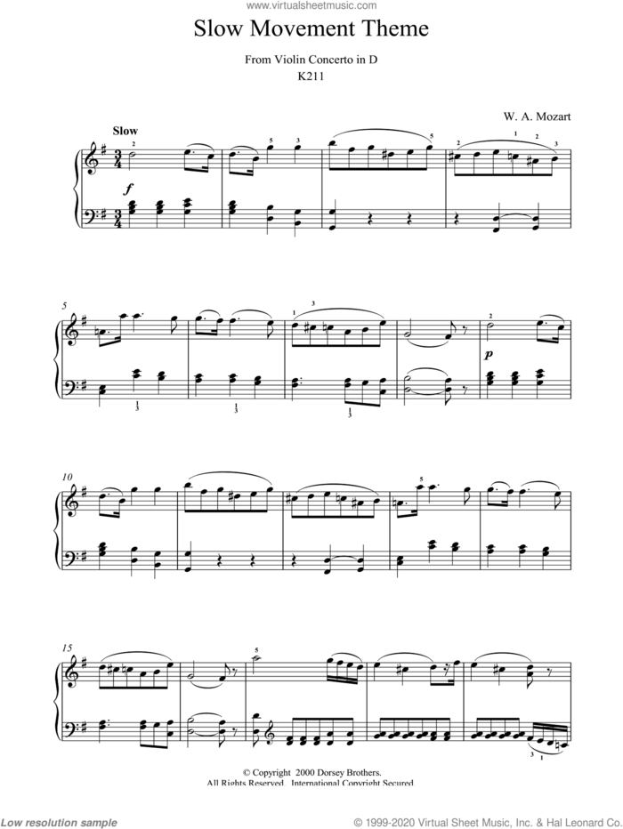 Slow Movement Theme from Violin Concerto in D sheet music for piano solo by Wolfgang Amadeus Mozart, classical score, intermediate skill level